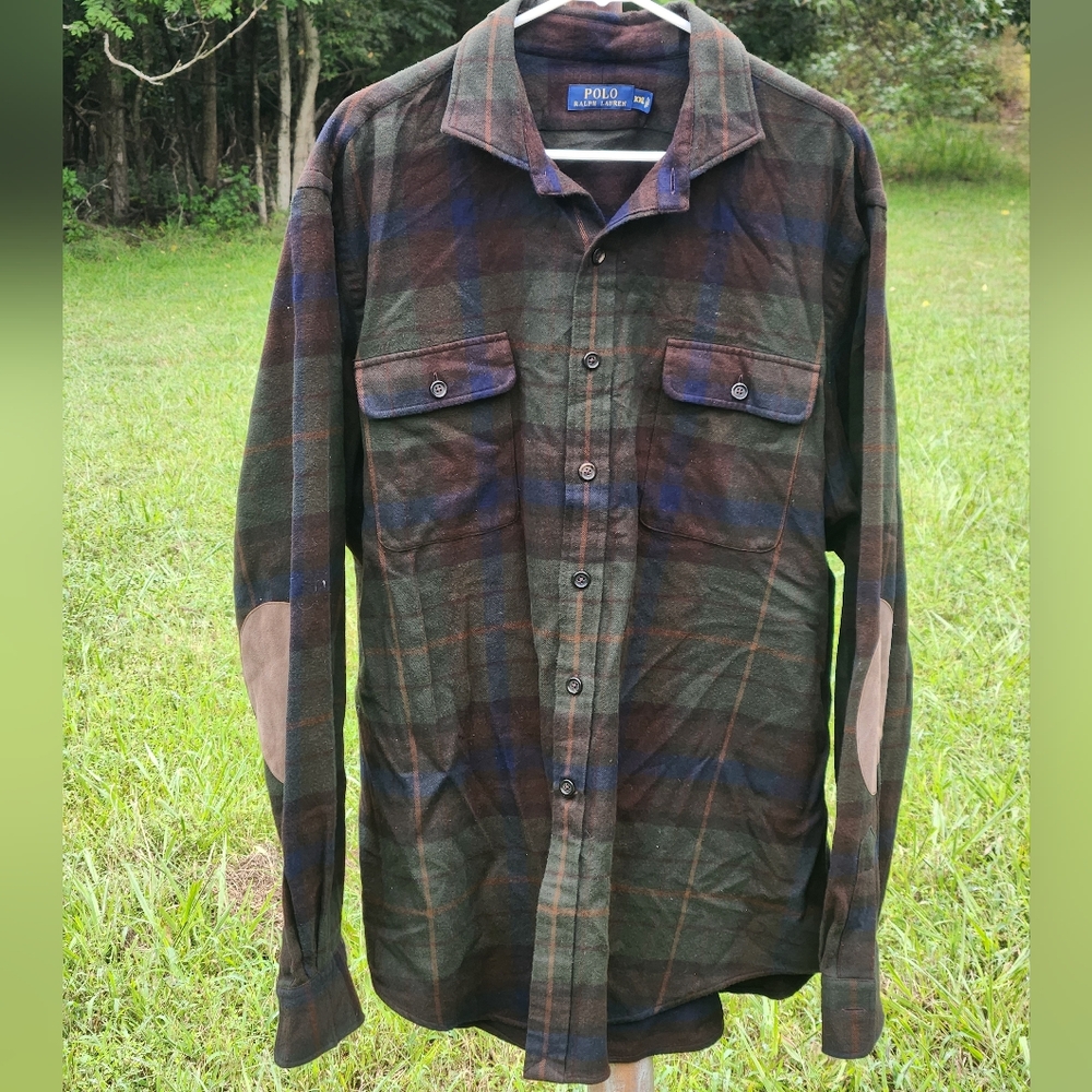 Vintage Polo Ralph Lauren Plaid Flannel Shirt With Suede Elbow Patches XXL